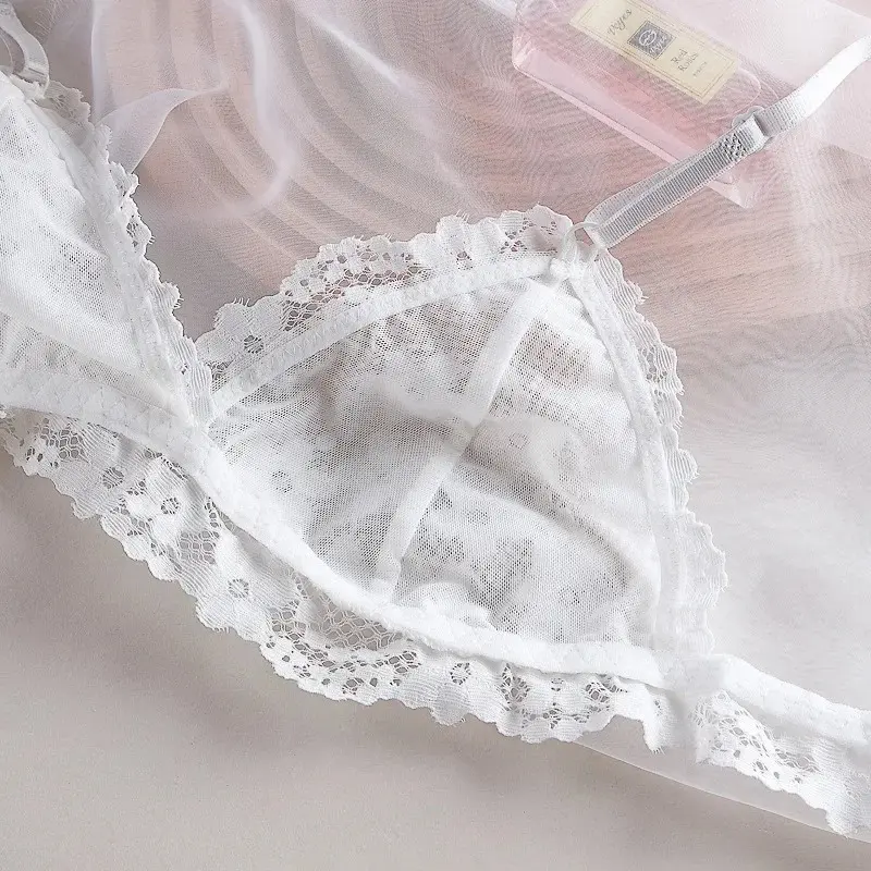 Women Sexy Lace Hollow Bra Suit Seamless Transparent Wire Free Bras Thin G String Panty Lingerie Set Unlined Bralette Set