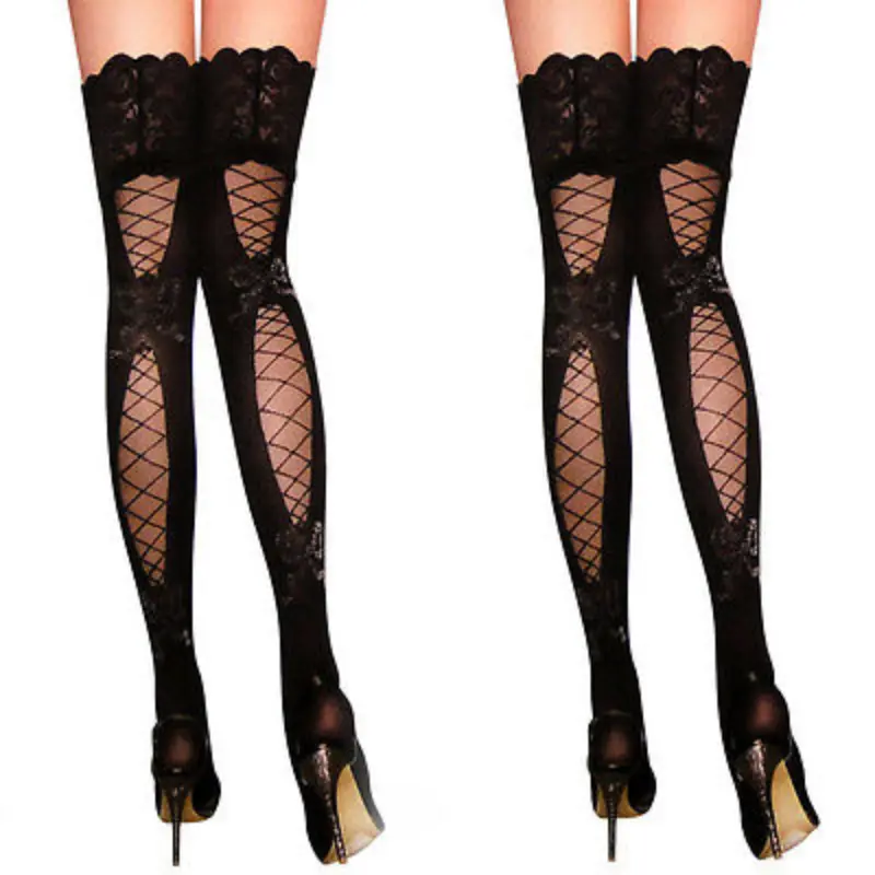 Sexy Fishnet Stockings Women Black Lace Sheer Stay Up Over The Knee Thigh High Hold-ups Pantyhose Lingerie