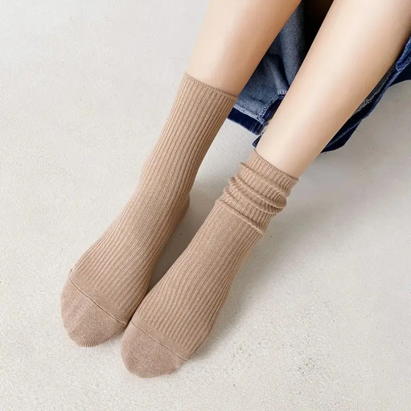 Socks Set Solid Color Stripes Women's Casual Socks Autumn Simple Women's Medium Length Socks Pattern Style