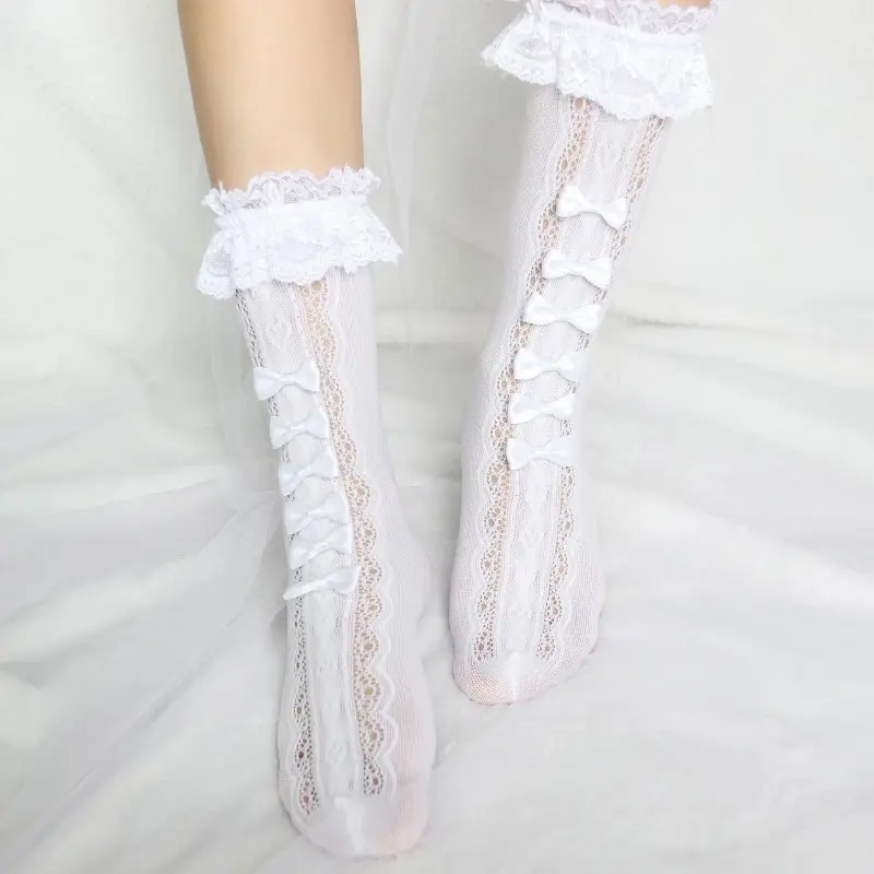 1 Pair of Bow Shaped Mid Length Stockings JK Girls Lace Lace Stockings Lolita Princess Coa Long Length Lace Bow Shaped Stockings