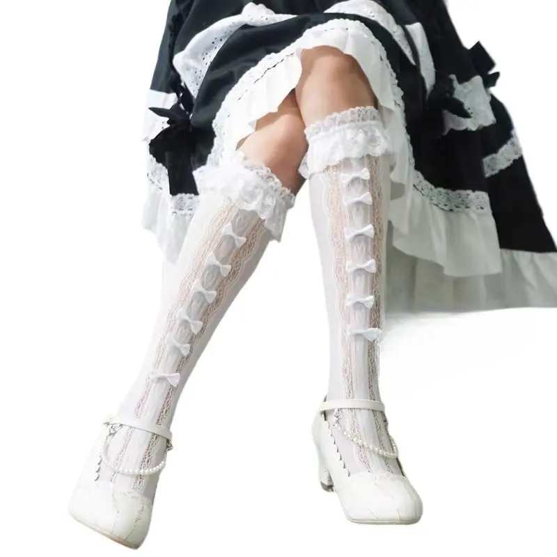 1 Pair of Bow Shaped Mid Length Stockings JK Girls Lace Lace Stockings Lolita Princess Coa Long Length Lace Bow Shaped Stockings