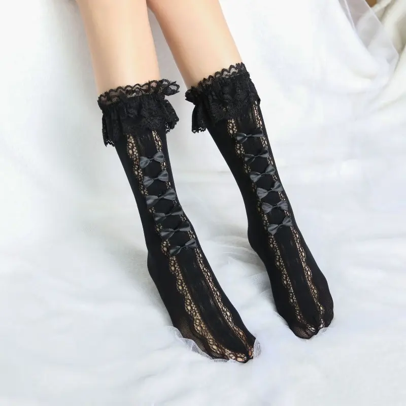 1 Pair of Bow Shaped Mid Length Stockings JK Girls Lace Lace Stockings Lolita Princess Coa Long Length Lace Bow Shaped Stockings
