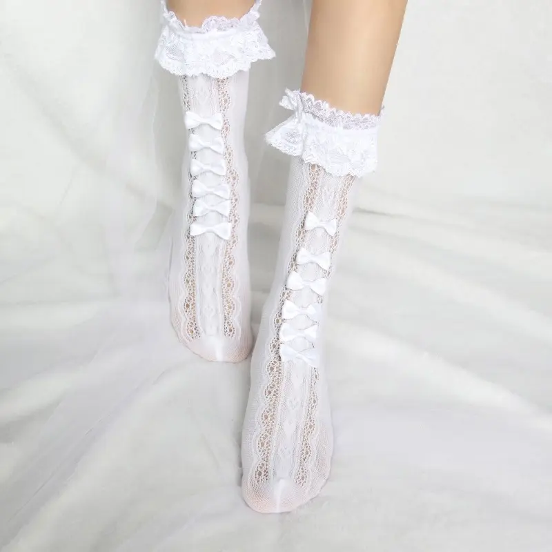 1 Pair of Bow Shaped Mid Length Stockings JK Girls Lace Lace Stockings Lolita Princess Coa Long Length Lace Bow Shaped Stockings
