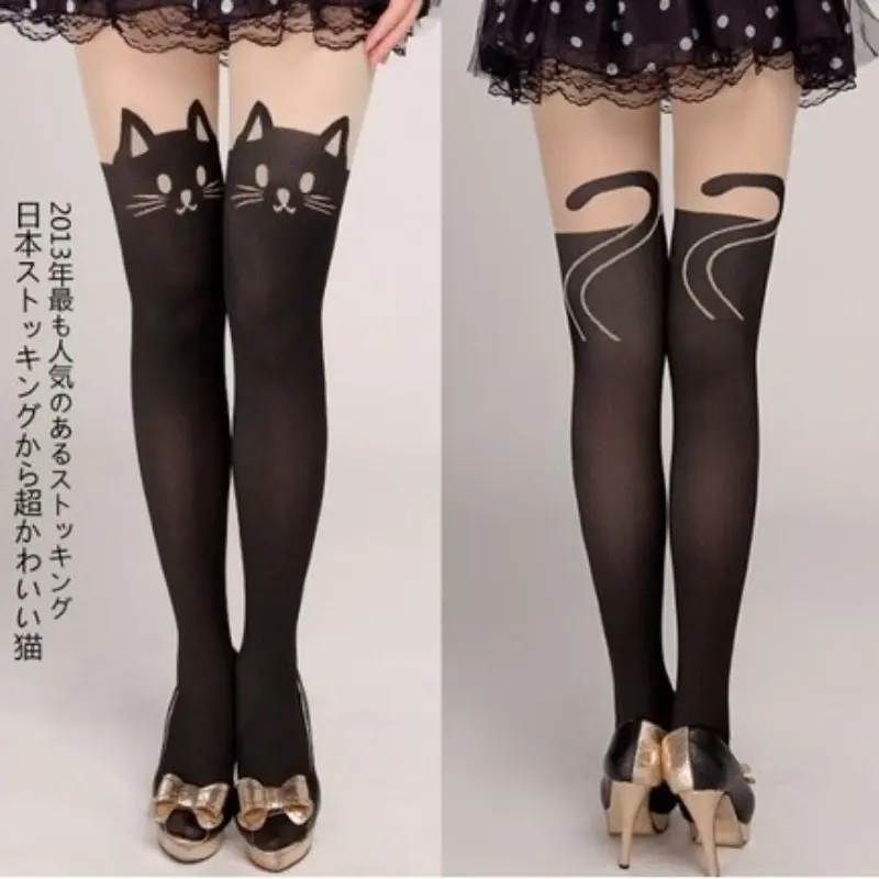Women Cute Black Cat Printed Silk Knee Socks Casual Thigh Cotton Warm High Over Knee Socks Cute Romantic Socks Lady Cat