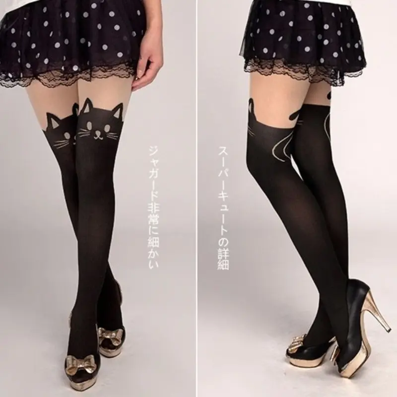 Women Cute Black Cat Printed Silk Knee Socks Casual Thigh Cotton Warm High Over Knee Socks Cute Romantic Socks Lady Cat