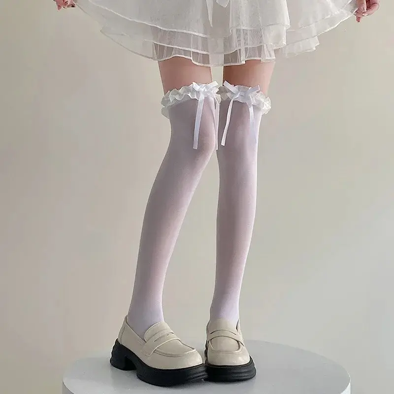 1 Pair of Women's White Bow Over Knee Women's Spring and Summer Thin Lace Cute Strap Long Tube Lace Milk White Ballet Style Thig