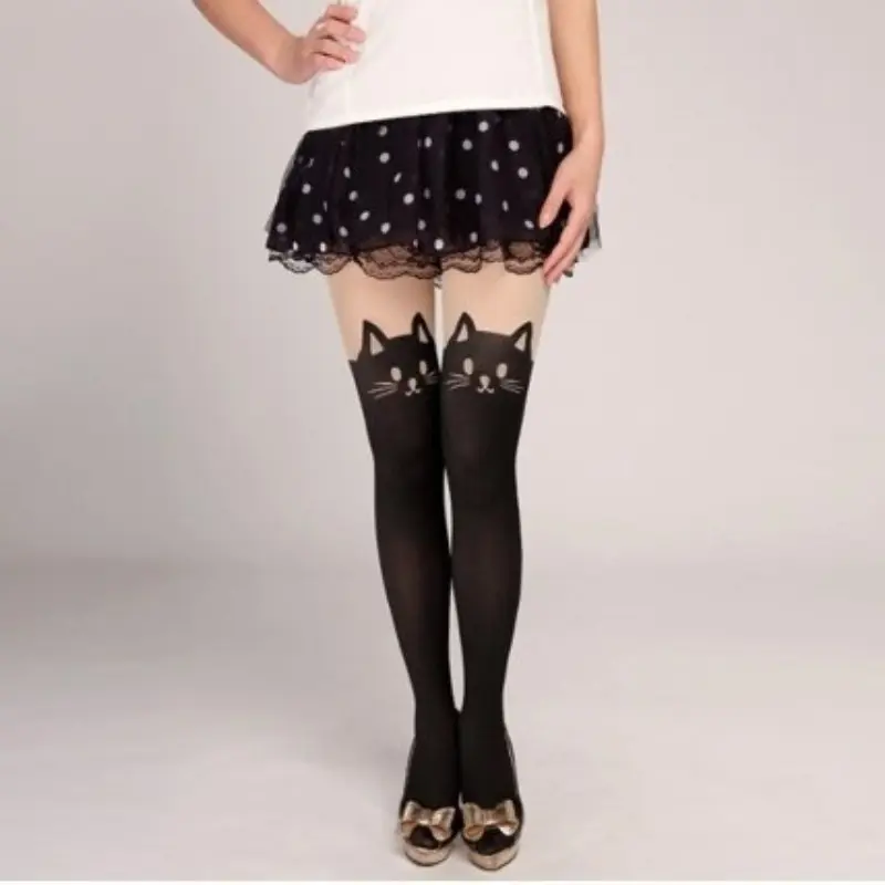 Women Cute Black Cat Printed Silk Knee Socks Casual Thigh Cotton Warm High Over Knee Socks Cute Romantic Socks Lady Cat