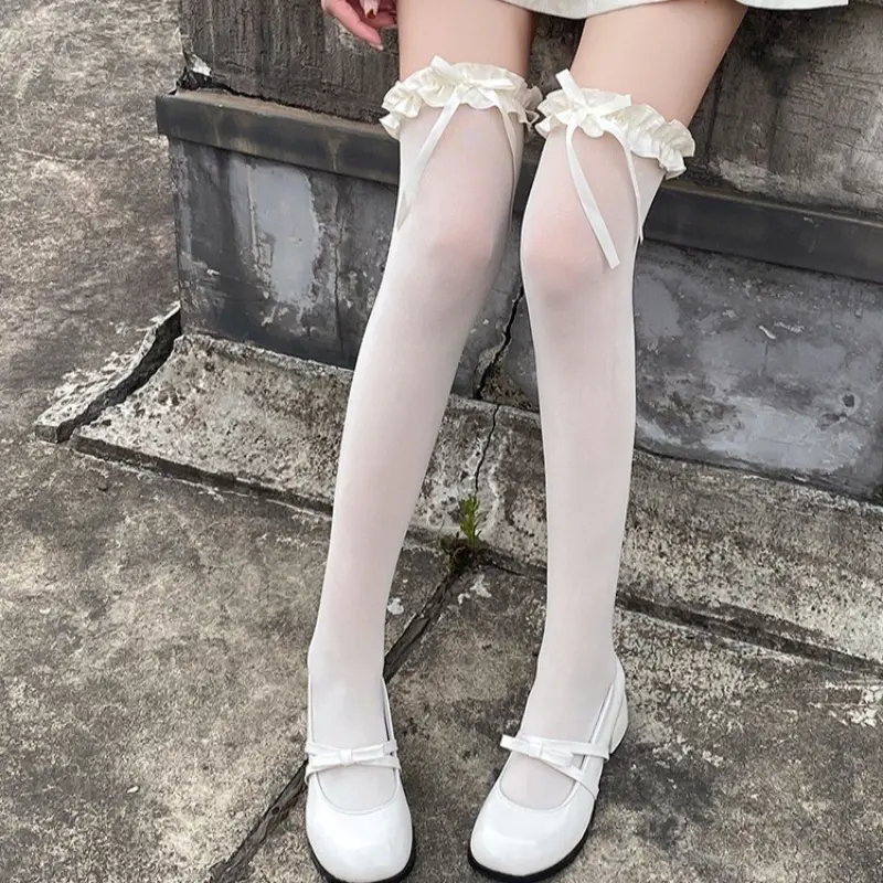 1 Pair of Women's White Bow Over Knee Women's Spring and Summer Thin Lace Cute Strap Long Tube Lace Milk White Ballet Style Thig