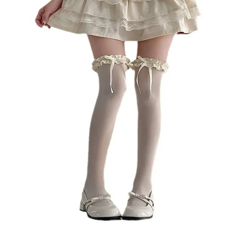 1 Pair of Women's White Bow Over Knee Women's Spring and Summer Thin Lace Cute Strap Long Tube Lace Milk White Ballet Style Thig