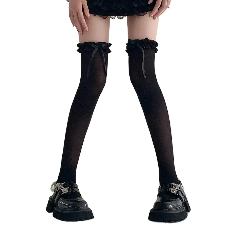1 Pair of Women's White Bow Over Knee Women's Spring and Summer Thin Lace Cute Strap Long Tube Lace Milk White Ballet Style Thig