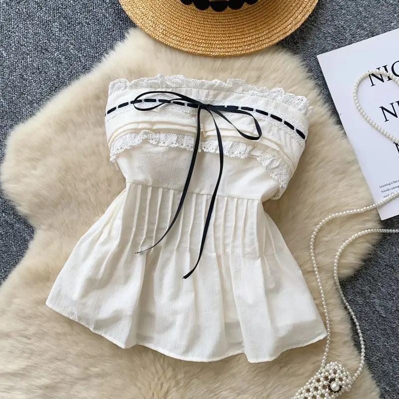 Korean Strapless Embroidery Blouse Female Bow Slim Pleated Hotsweet Top Streetwear Backless Bohemian Vacation Camisole