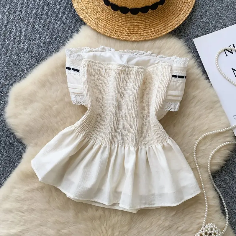 Korean Strapless Embroidery Blouse Female Bow Slim Pleated Hotsweet Top Streetwear Backless Bohemian Vacation Camisole
