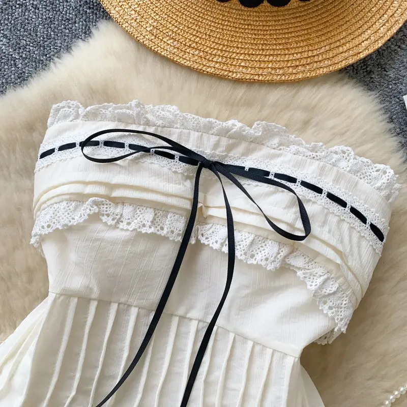 Korean Strapless Embroidery Blouse Female Bow Slim Pleated Hotsweet Top Streetwear Backless Bohemian Vacation Camisole