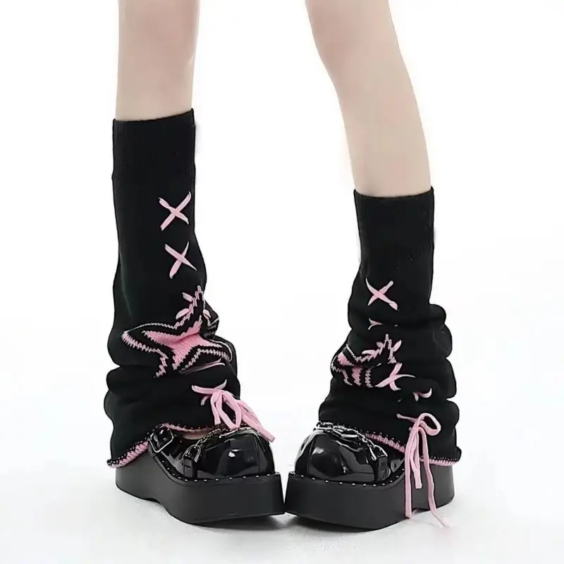 Women Y2k Aesthetic Star Leg Warmers Japanese Ankle Warmer Knee High Knitted Foot Cover Bandage Autumn Long Socks