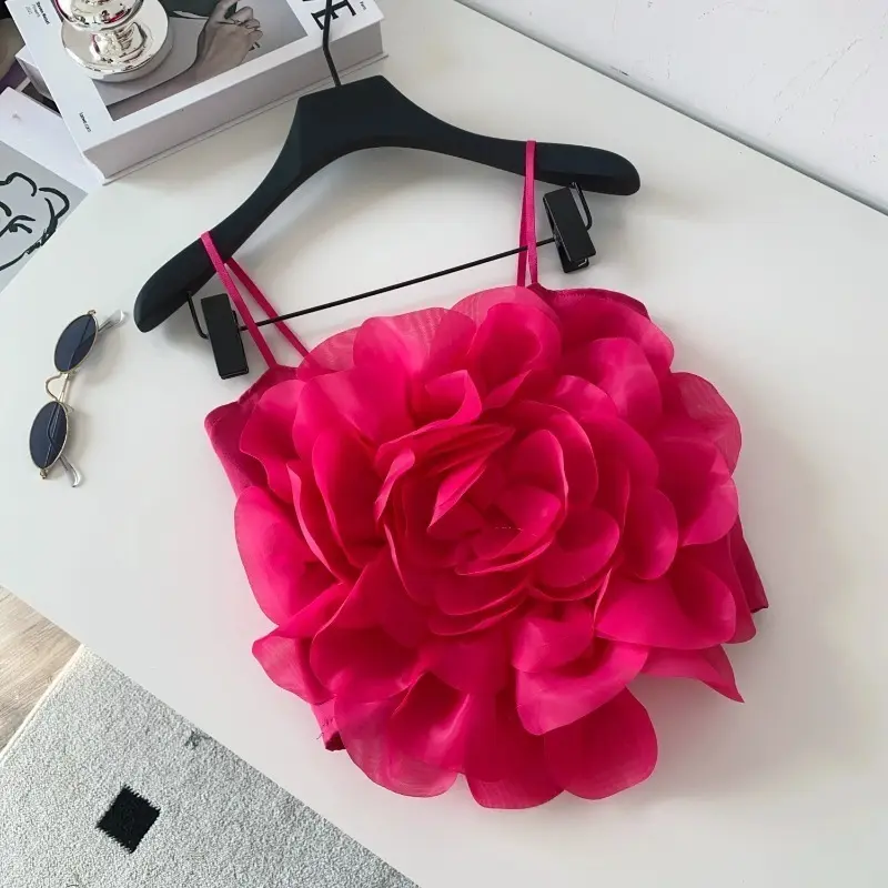 3D Floral Vacation Camis Female Strap Appliques Elastic Hotsweet Mini Top French Ruched Solid Beach Sexy Tank Top