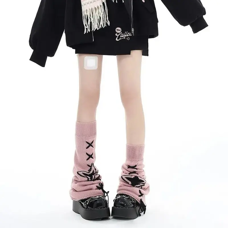 Women Y2k Aesthetic Star Leg Warmers Japanese Ankle Warmer Knee High Knitted Foot Cover Bandage Autumn Long Socks