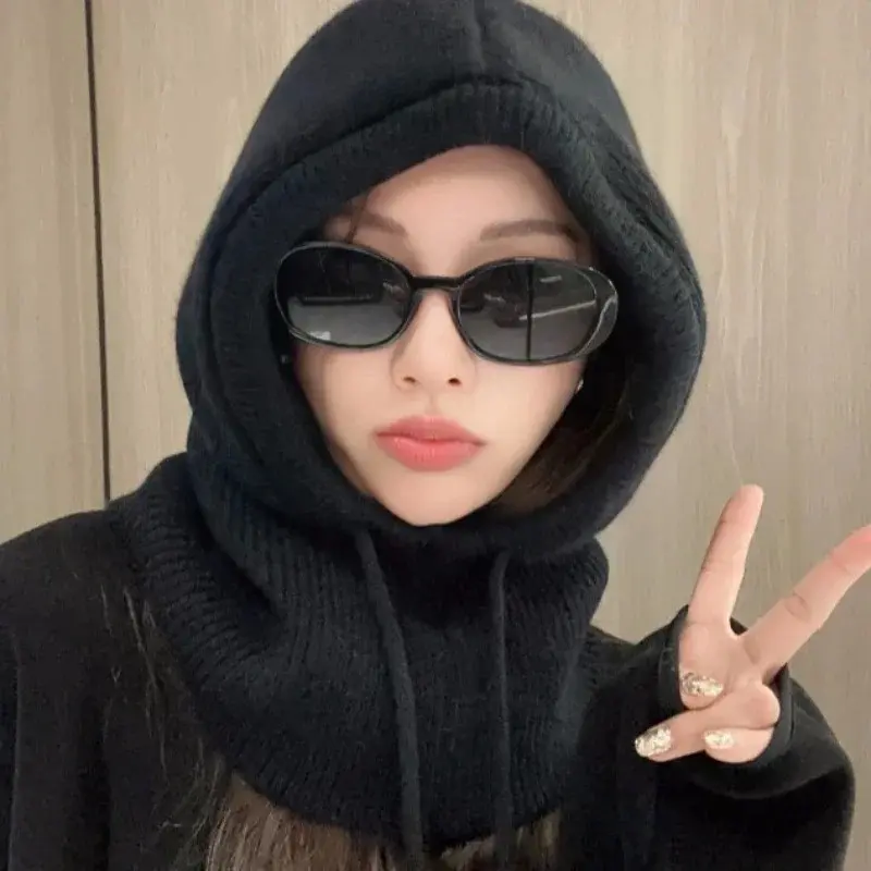 Knitted Hooded Caps Winter Balaclava Hats Women Korean Style Outdoor Warmer Drawstring Hats One-piece Neck Collar Beanies Cap