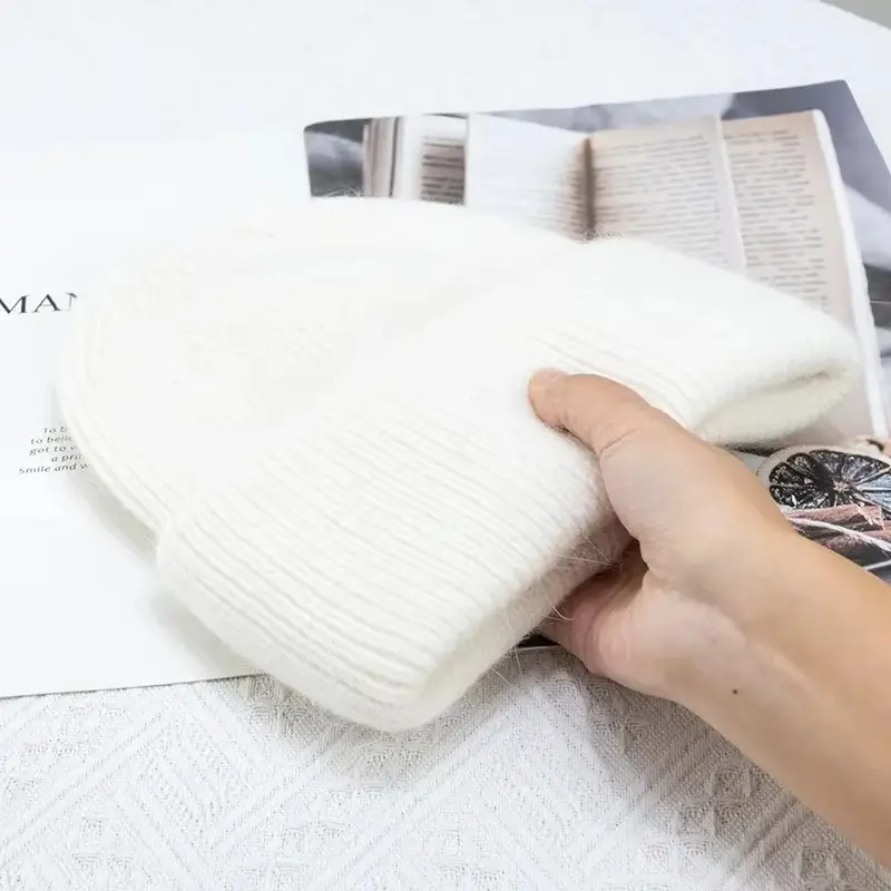 Fashion Warm Cashmere Wool Skullies Angola Rabbit Fur Winter Knitted Beanies Women Cap Female Three Fold Ski Outdoor Hats