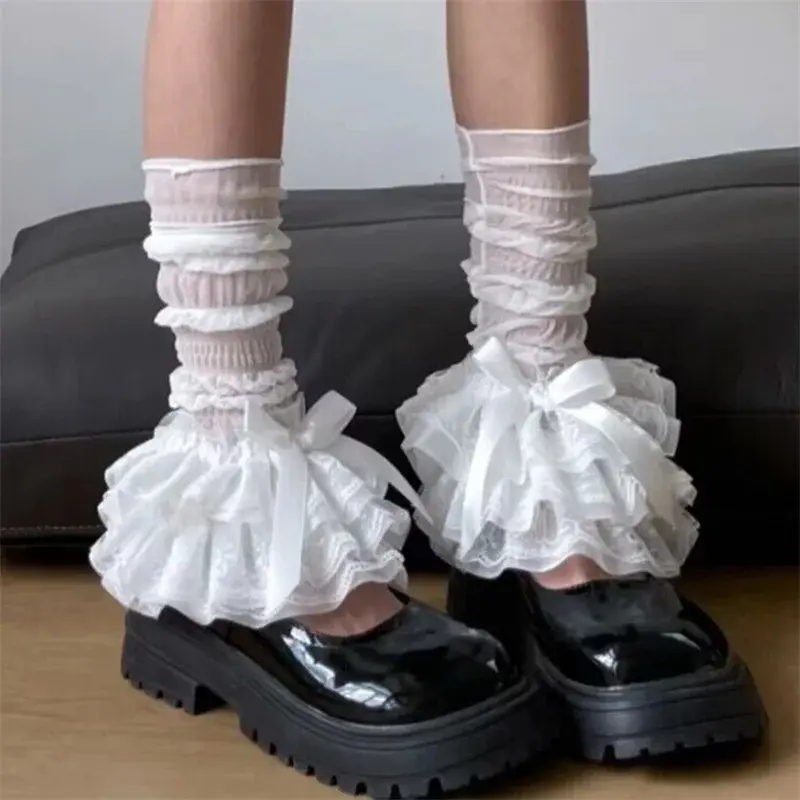 Women Lace Leg Warmers Cute Bows Layered Ruffle Boot Cover Cuffs Y12K Aesthetic Long Socks Japanese Lolita Gothic