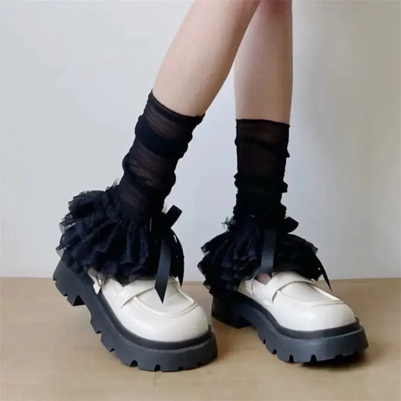 Women Lace Leg Warmers Cute Bows Layered Ruffle Boot Cover Cuffs Y12K Aesthetic Long Socks Japanese Lolita Gothic