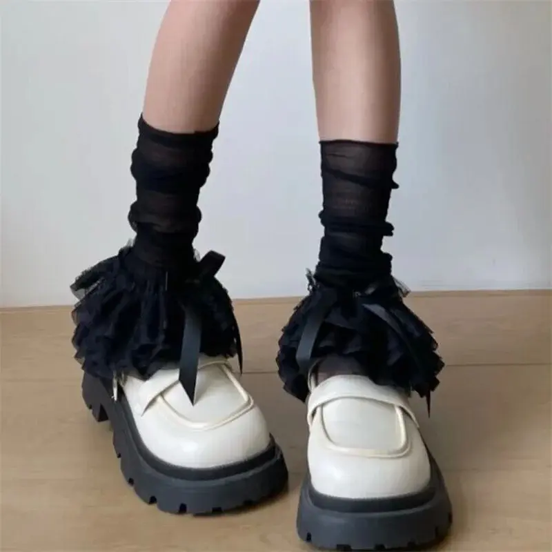 Women Lace Leg Warmers Cute Bows Layered Ruffle Boot Cover Cuffs Y12K Aesthetic Long Socks Japanese Lolita Gothic