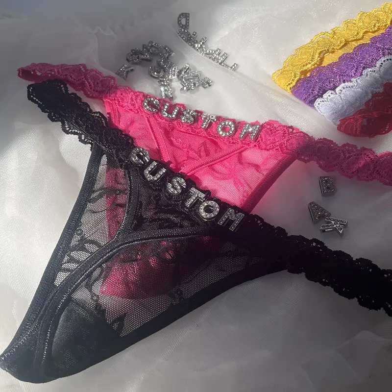 Thong With Name Custom 2Pc/set Rhinestone Letters Waist Chain For Women Sexy Girl Lace String Bikini Customize Briefs Girlfriend