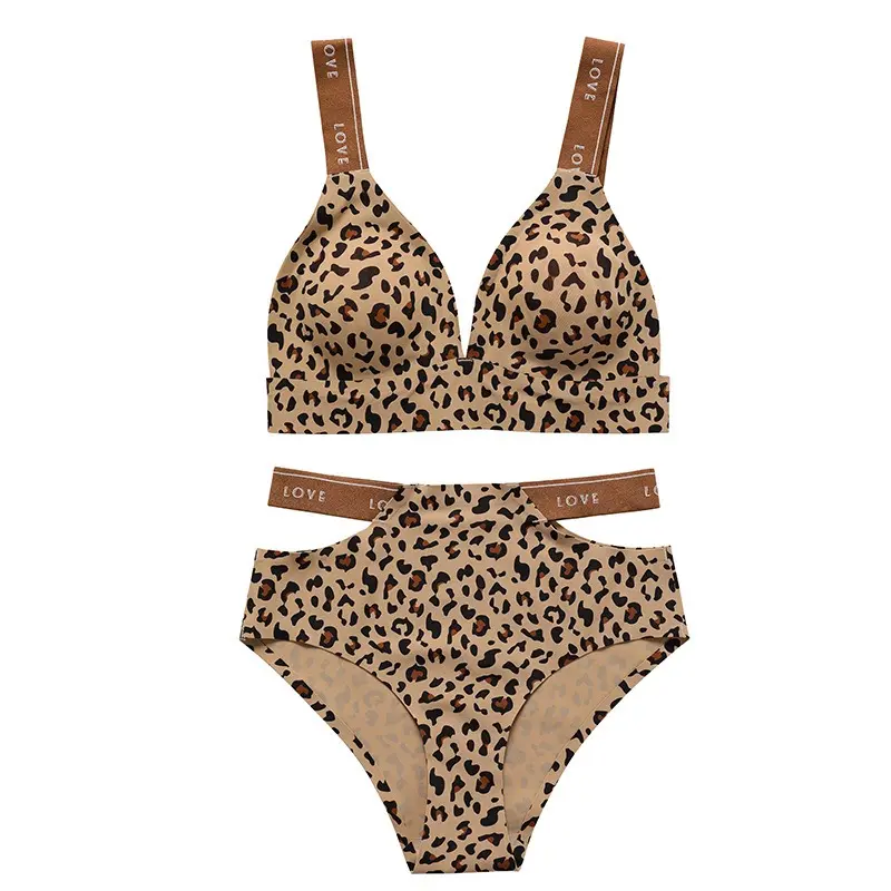 2PCS/Set Women Sexy Leopard Print V-neck Bra Briefs Set Seamless Underwear Elastic Waist Belt Panty Lady Soft Intimates Lingerie