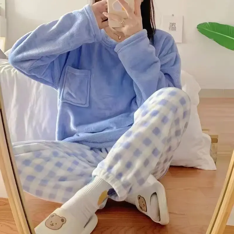Fleece Thick Warm Women's Pajamas Set Winter Sleepwear Casual Solid Top and Plaid Pants Soft Pijamas Set for Women Home Suit