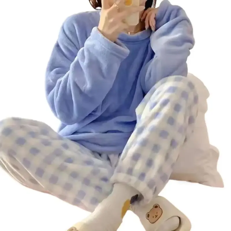 Fleece Thick Warm Women's Pajamas Set Winter Sleepwear Casual Solid Top and Plaid Pants Soft Pijamas Set for Women Home Suit