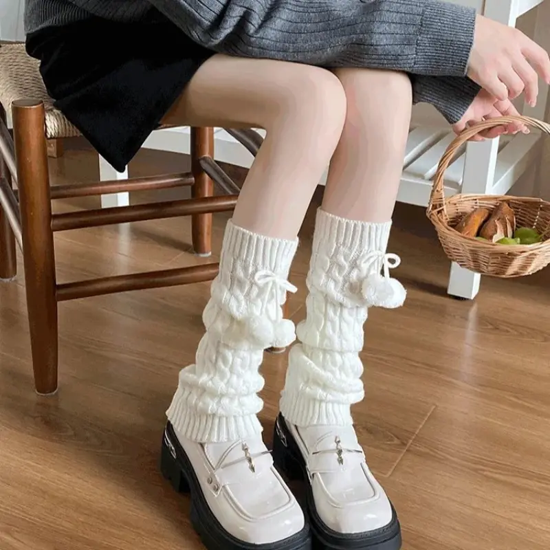 Women's Fluffy Pom Pom Sock Leg Warmers Knit White Black Thickened Thermal Winter Boot Cuffs Cozy Soft Woolen