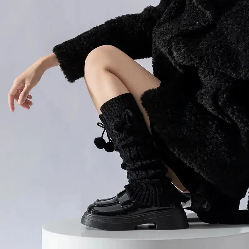 Women's Fluffy Pom Pom Sock Leg Warmers Knit White Black Thickened Thermal Winter Boot Cuffs Cozy Soft Woolen