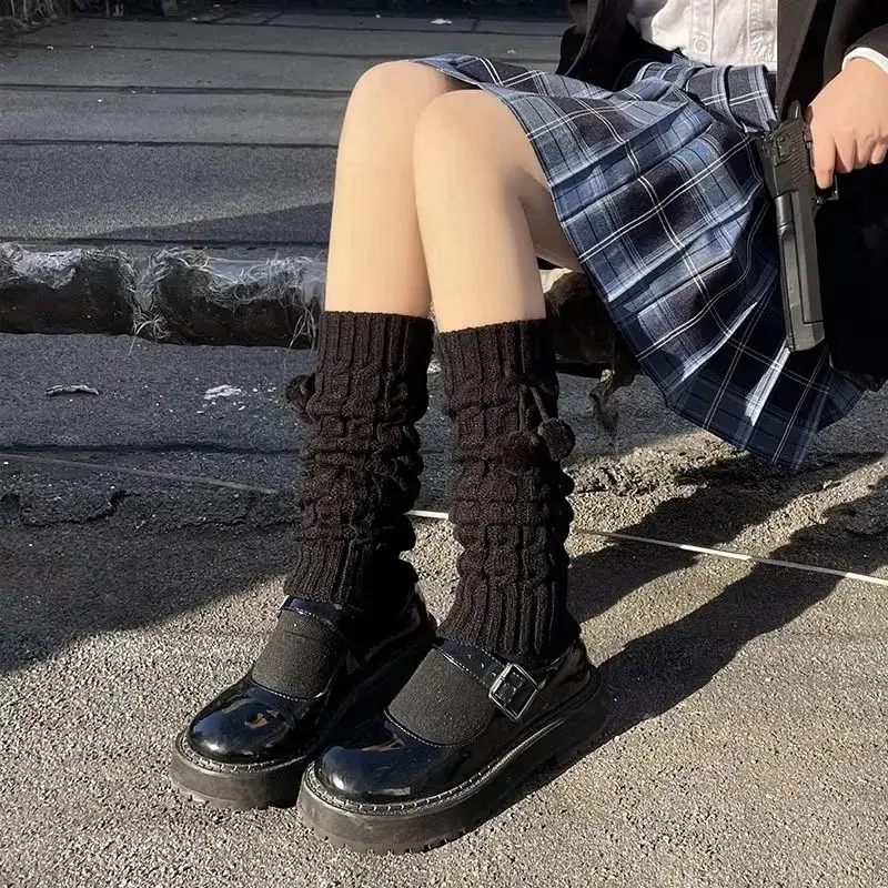 Women's Fluffy Pom Pom Sock Leg Warmers Knit White Black Thickened Thermal Winter Boot Cuffs Cozy Soft Woolen