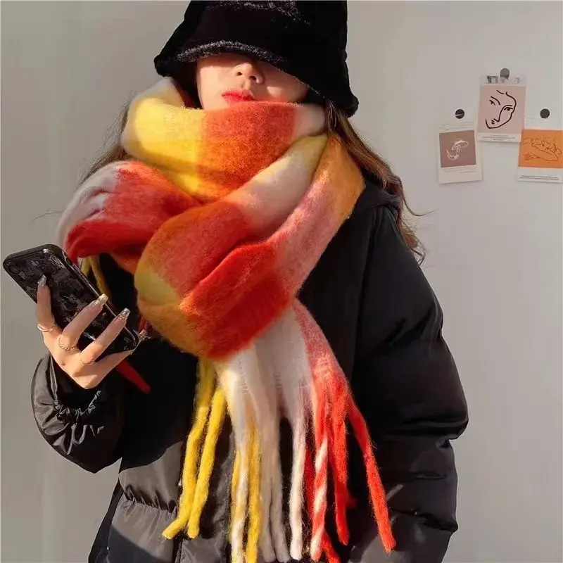 2024 Winter Thick Warm Scarf Women Cashmere Shawl and Wraps Pashmina Neckerchief Bufanda Female Rainbow Hairy Tessel Echarpe New