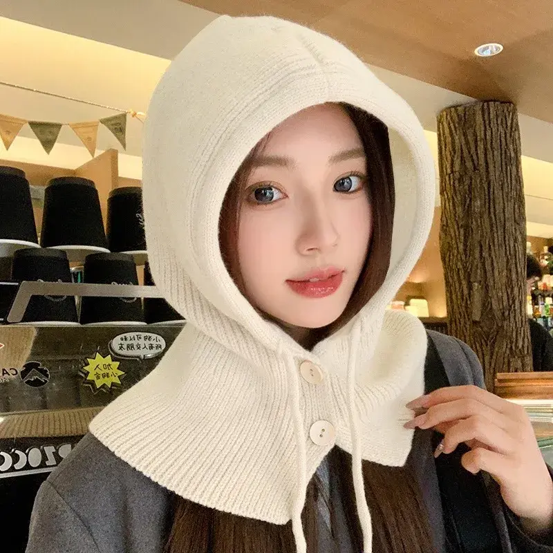 Winter Fashion Knitted Hooded Hat Women Grey Neck Cover Balaclava Beanies Korean Trend Y2k Wool Pullover Hat