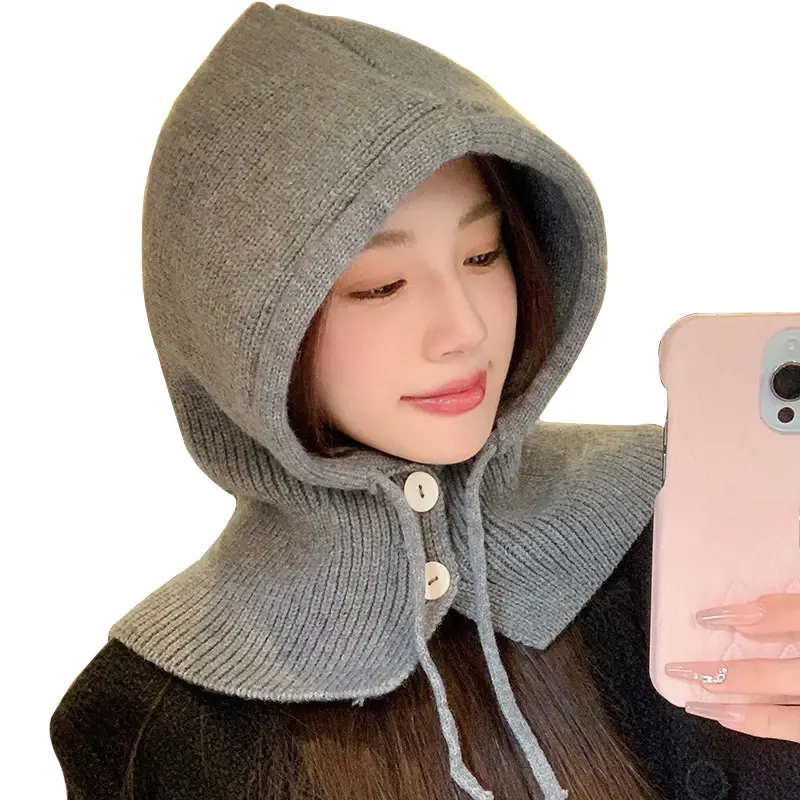 Winter Fashion Knitted Hooded Hat Women Grey Neck Cover Balaclava Beanies Korean Trend Y2k Wool Pullover Hat