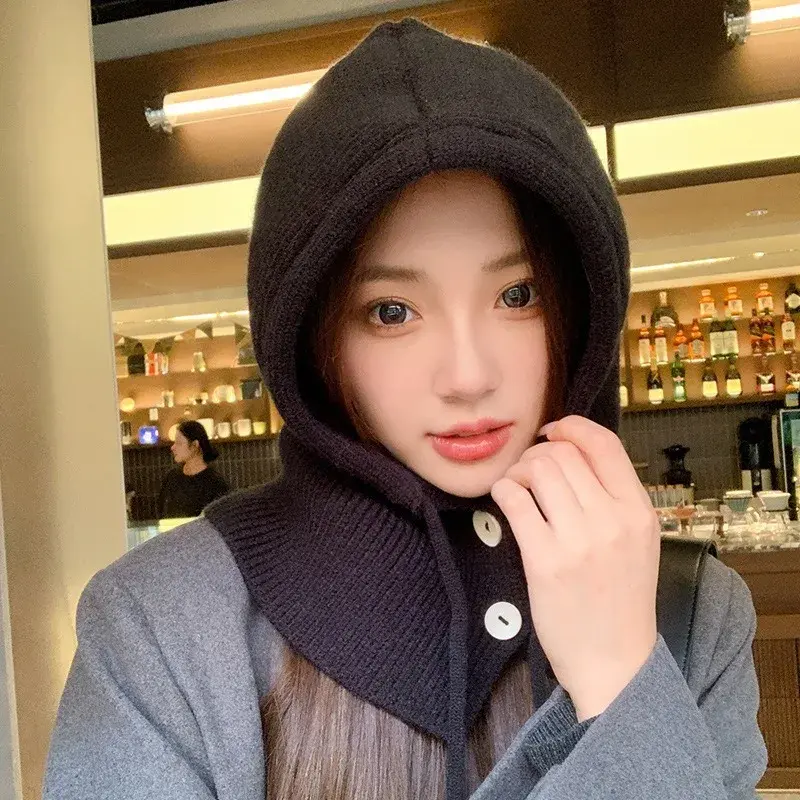 Winter Fashion Knitted Hooded Hat Women Grey Neck Cover Balaclava Beanies Korean Trend Y2k Wool Pullover Hat