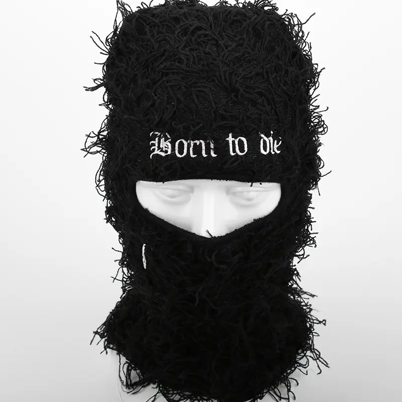 Embroidery Letter Tear Balaclava Distressed Knitted Full Face Ski Mask Hipop Unisex Outdoor Mask  Balaclava Fleece Fuzzy Beanies