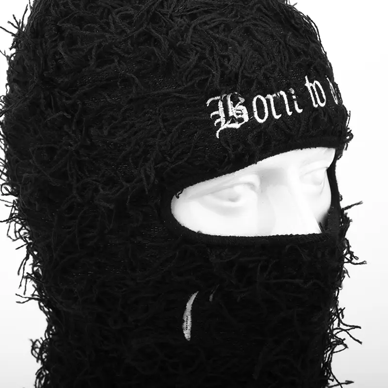Embroidery Letter Tear Balaclava Distressed Knitted Full Face Ski Mask Hipop Unisex Outdoor Mask  Balaclava Fleece Fuzzy Beanies
