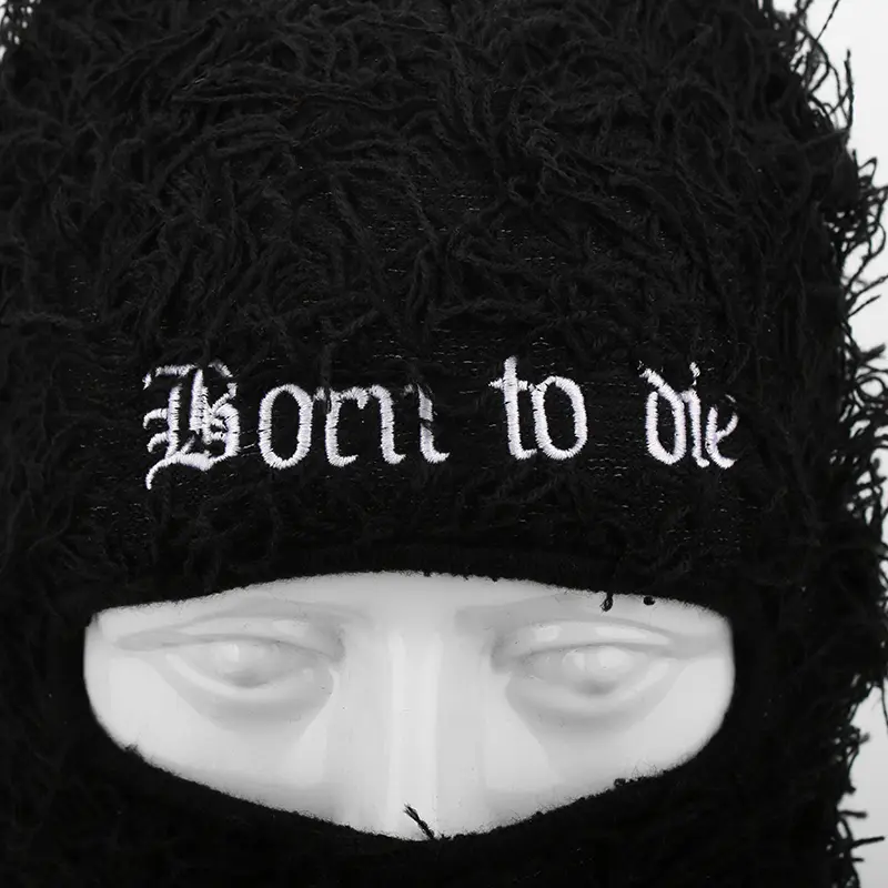Embroidery Letter Tear Balaclava Distressed Knitted Full Face Ski Mask Hipop Unisex Outdoor Mask  Balaclava Fleece Fuzzy Beanies