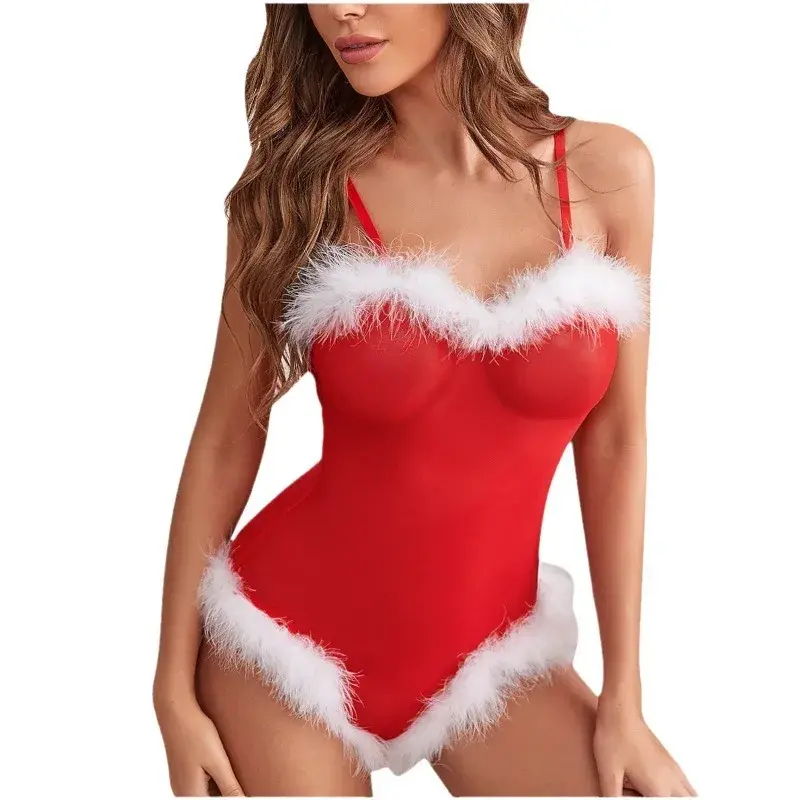 Women's Christmas Net Hang Neck Strappy Bodysuit Sexy Pajamas Fun Underwear Womens Lingerie Set Lenceria Femenina