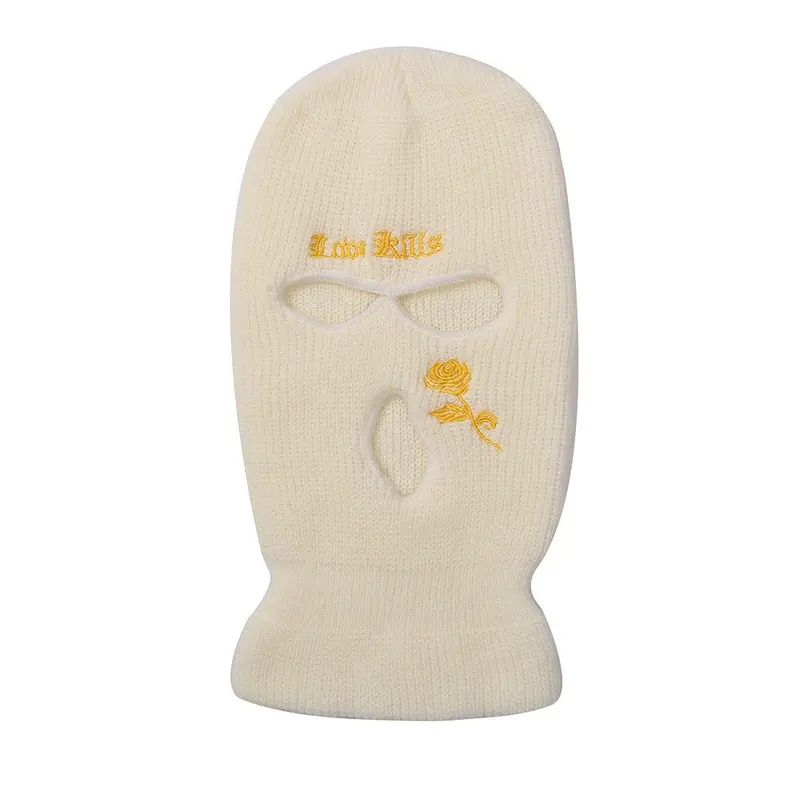 Rose Embroidery Three-hole Balaclava Knit Hat Army Tactical CS Winter Ski Riding Mask Beanie Prom Party Mask Warm Mask