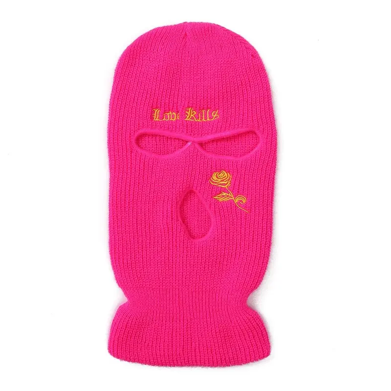 Rose Embroidery Three-hole Balaclava Knit Hat Army Tactical CS Winter Ski Riding Mask Beanie Prom Party Mask Warm Mask