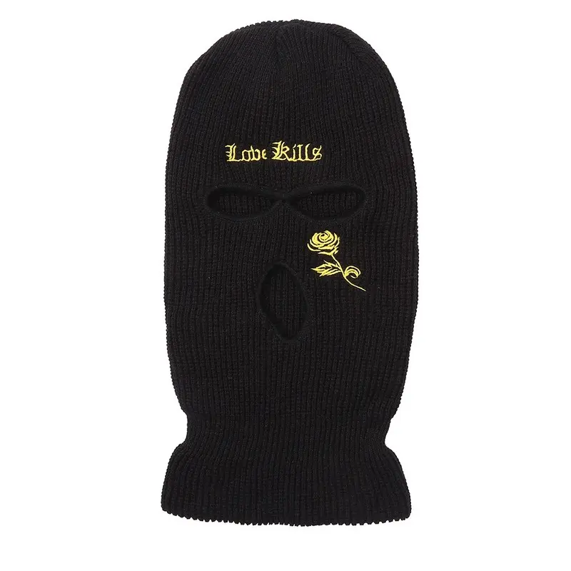 Rose Embroidery Three-hole Balaclava Knit Hat Army Tactical CS Winter Ski Riding Mask Beanie Prom Party Mask Warm Mask