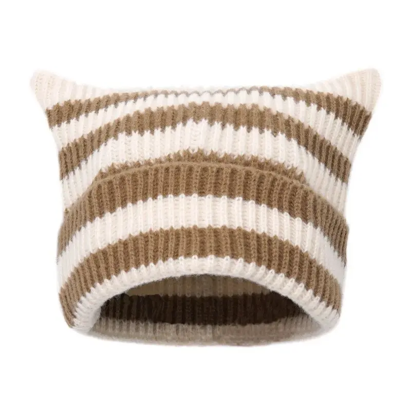Japanese Y2K Cute Black White Striped Cat Ears Wool Hat Women Autumn Winter Warm Little Devil Hanging Ball Knitted Beanie Hat