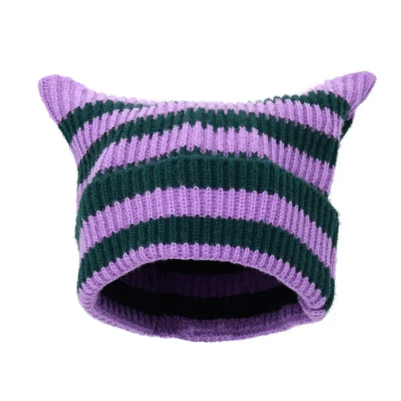 Japanese Y2K Cute Black White Striped Cat Ears Wool Hat Women Autumn Winter Warm Little Devil Hanging Ball Knitted Beanie Hat