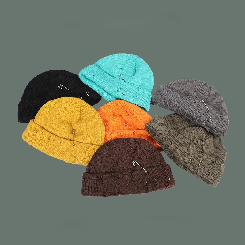 9 Colors Fashionable Ladies Winter Warm Knitted Caps 3 Metal Ring Buckled Hat Cool Pure Hip Hop Hats for Women