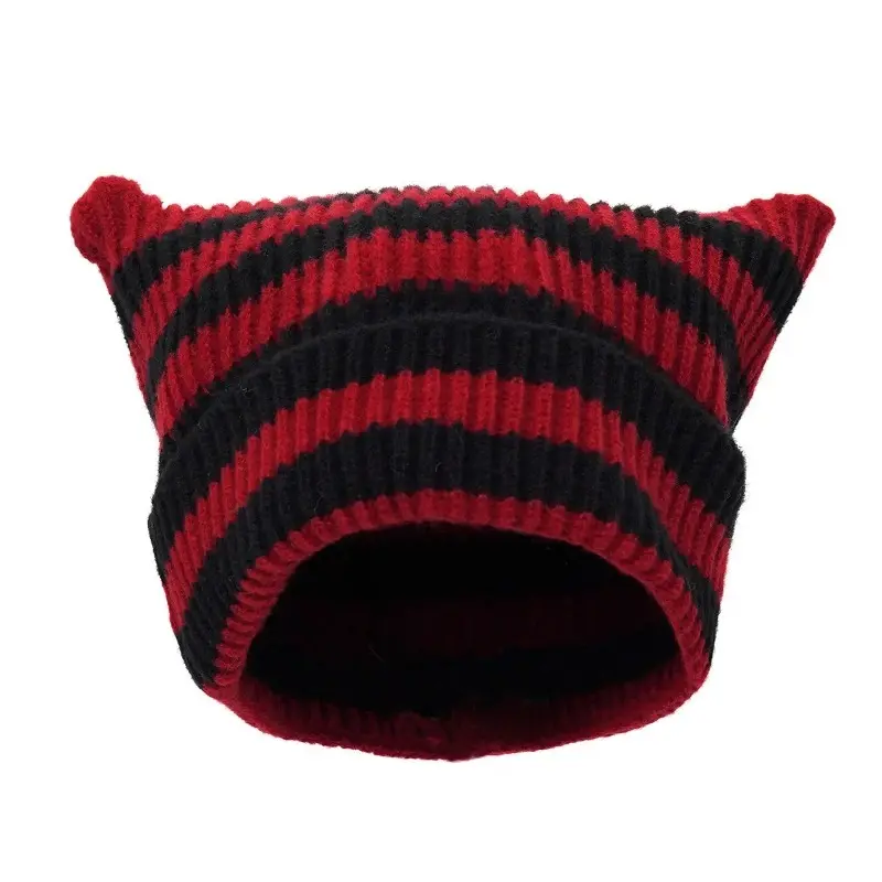 Japanese Y2K Cute Black White Striped Cat Ears Wool Hat Women Autumn Winter Warm Little Devil Hanging Ball Knitted Beanie Hat