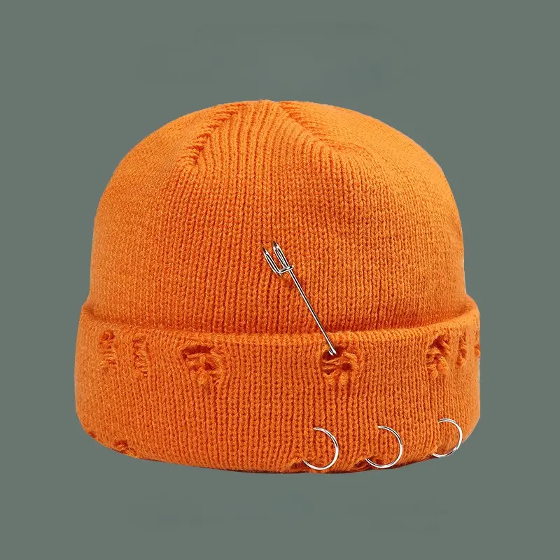 9 Colors Fashionable Ladies Winter Warm Knitted Caps 3 Metal Ring Buckled Hat Cool Pure Hip Hop Hats for Women