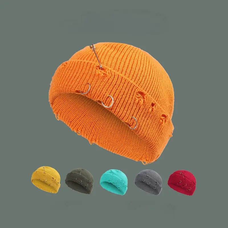 9 Colors Fashionable Ladies Winter Warm Knitted Caps 3 Metal Ring Buckled Hat Cool Pure Hip Hop Hats for Women