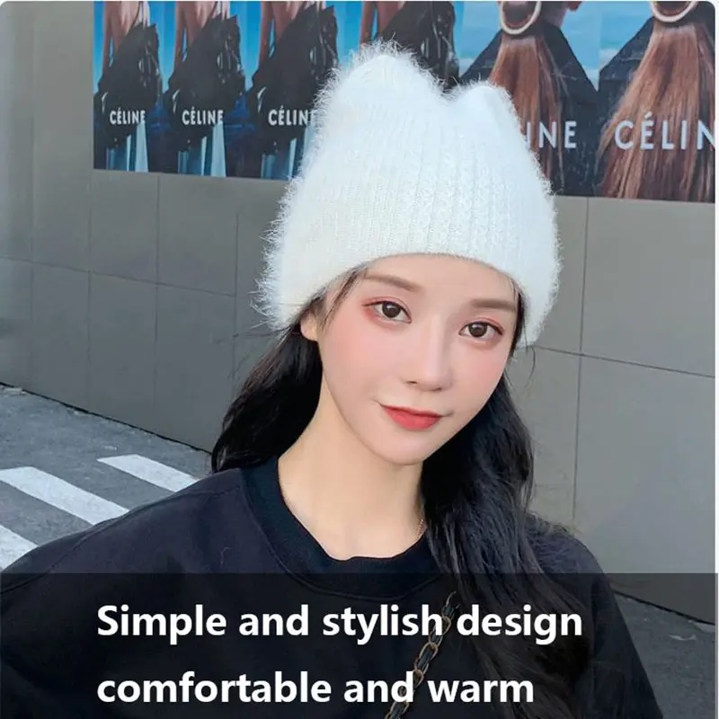 2020 Simple Girl Angora Rabbit fur ear Beanie Hat for Women Winter Skullies Warm wool Panama fashion Gorros Female Bomber Cap